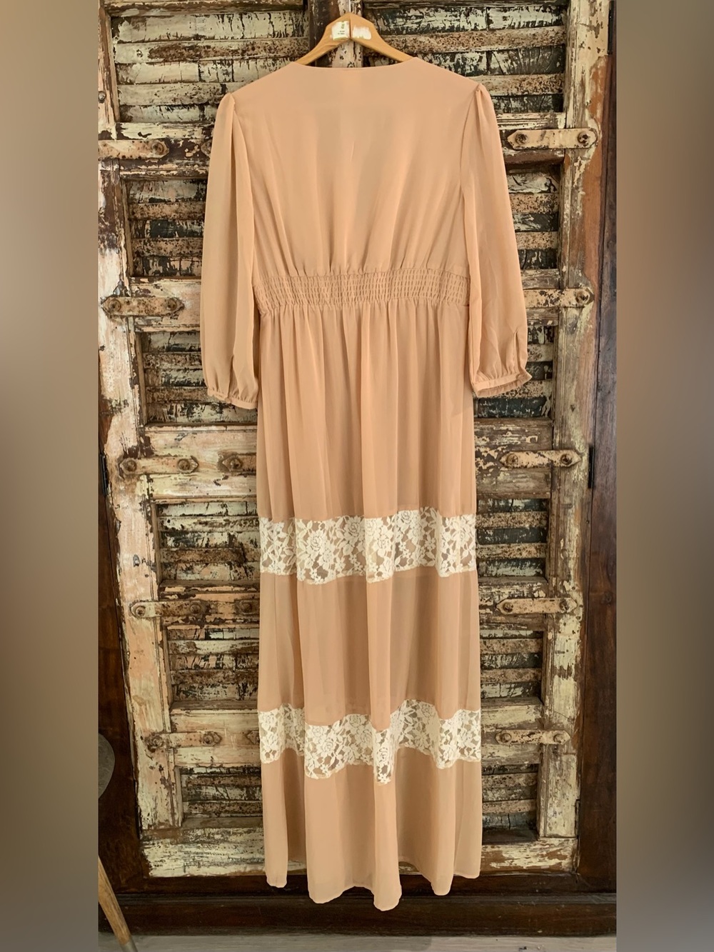 Swell Boho Lace Trim Maxi Peasant Prairie Dress, Tan Nude, Women’s L - Picture 3 of 8